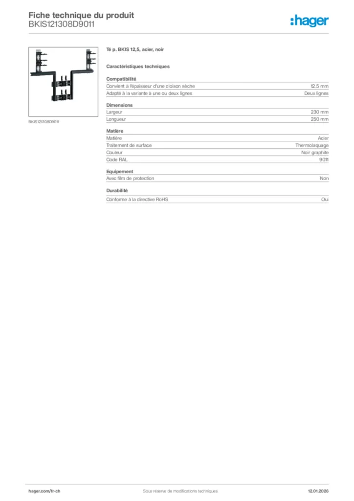 Image Hager Fiche technique du produit BKIS121308D9011 | Hager Suisse