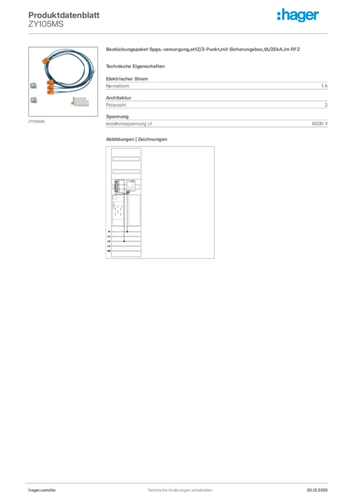 Bild Hager Produktdatenblatt ZY105MS | Hager Deutschland