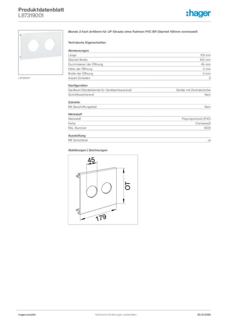 Bild Hager Produktdatenblatt L87319001 | Hager Deutschland
