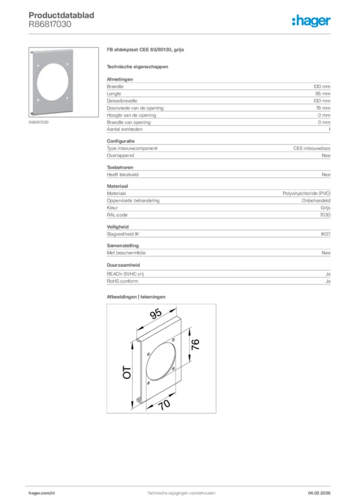 Afbeelding Hager Productdatablad R86817030 | Hager Nederland