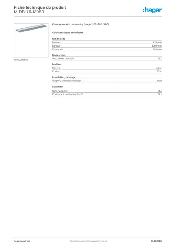 Image Hager Fiche technique du produit M-DBLUN13080 | Hager Suisse