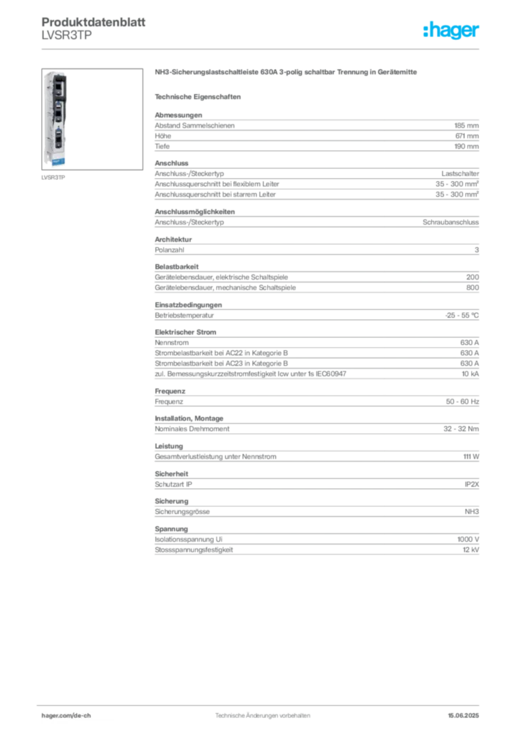 Bild Hager Produktdatenblatt LVSR3TP | Hager Schweiz