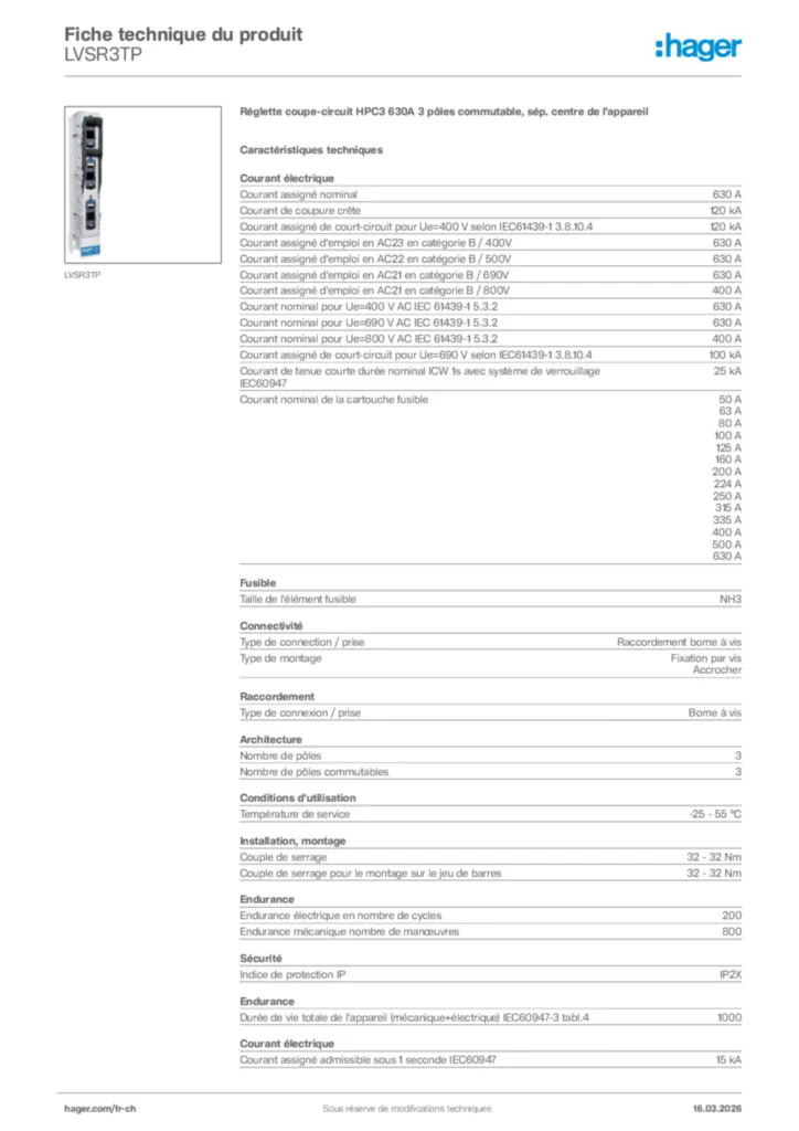 Image Hager Fiche technique du produit LVSR3TP | Hager Suisse