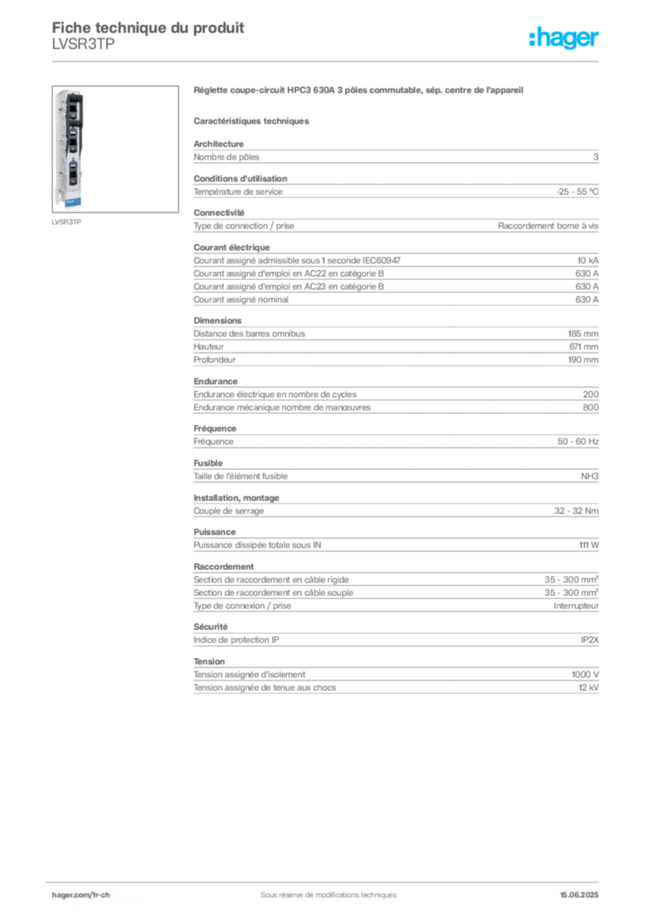 Image Hager Fiche technique du produit LVSR3TP | Hager Suisse