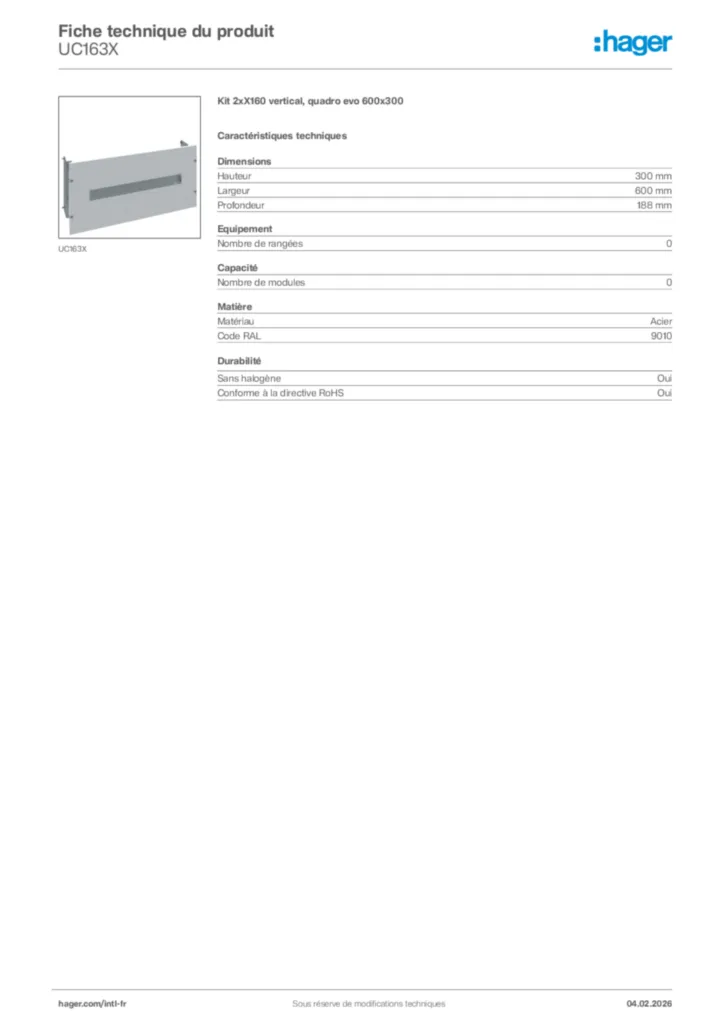 Image Hager Fiche technique du produit UC163X | Hager Afrique