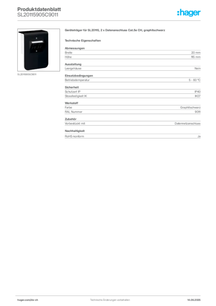 Bild Hager Produktdatenblatt SL20115905C9011 | Hager Schweiz
