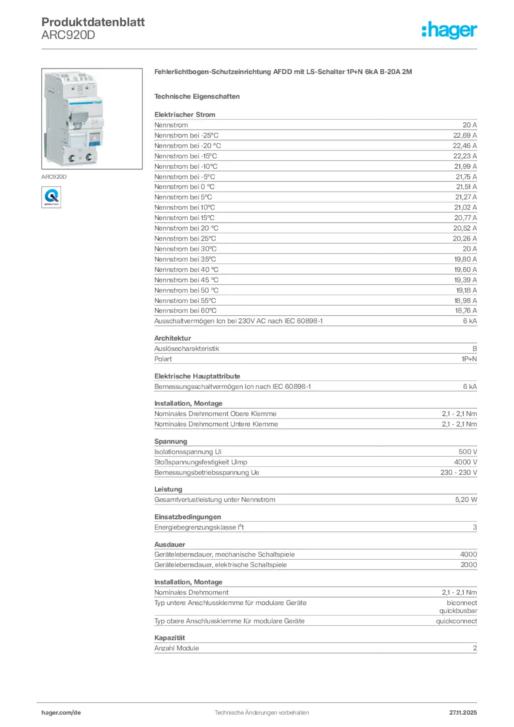 Bild Hager Produktdatenblatt ARC920D | Hager Deutschland