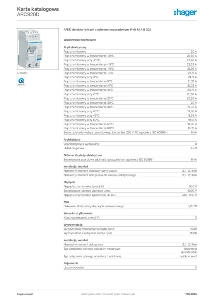 Zdjęcie Hager Karta katalogowa ARC920D | Hager Polska