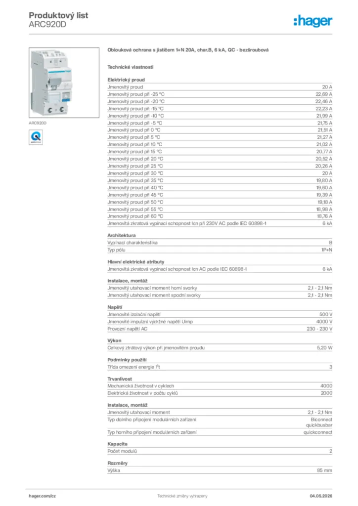 Obrázek Hager Product data sheet ARC920D | Hager