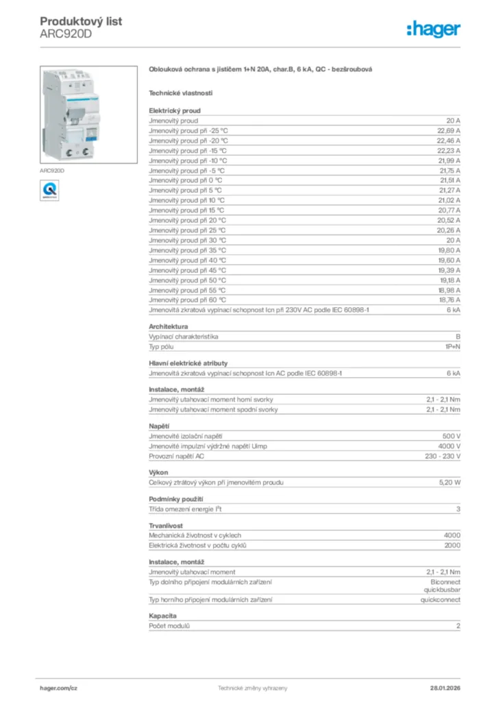 Obrázek Hager Product data sheet ARC920D | Hager