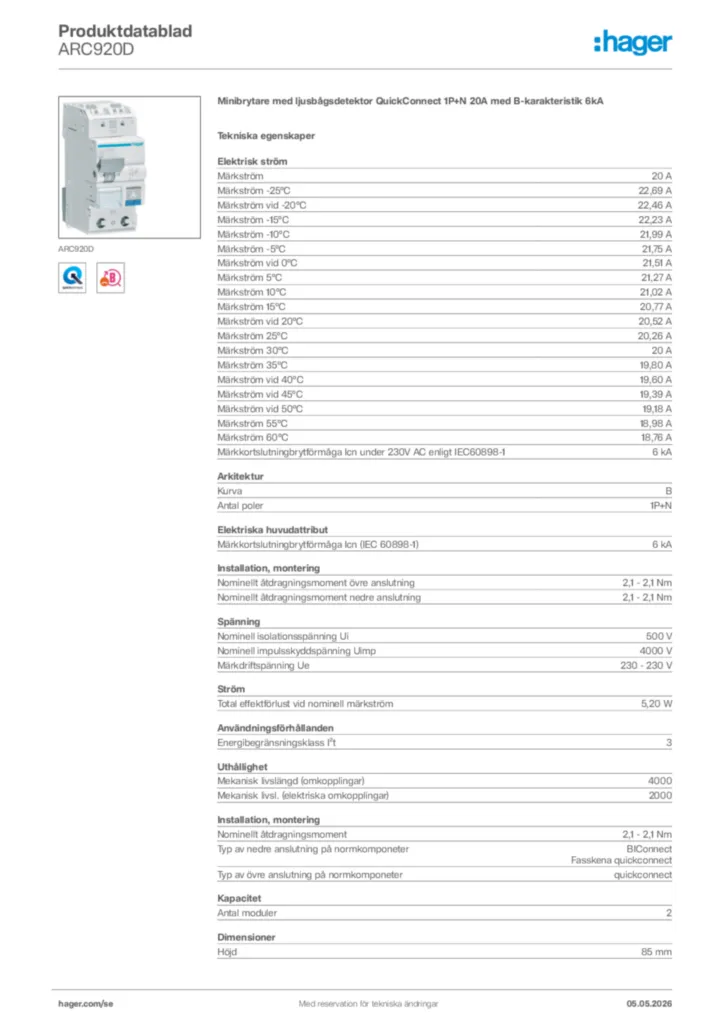 Bild Hager Produktdatablad ARC920D | Hager Sverige