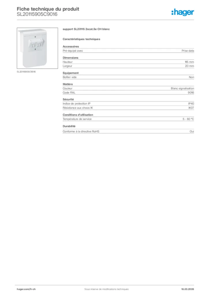 Image Hager Fiche technique du produit SL20115905C9016 | Hager Suisse