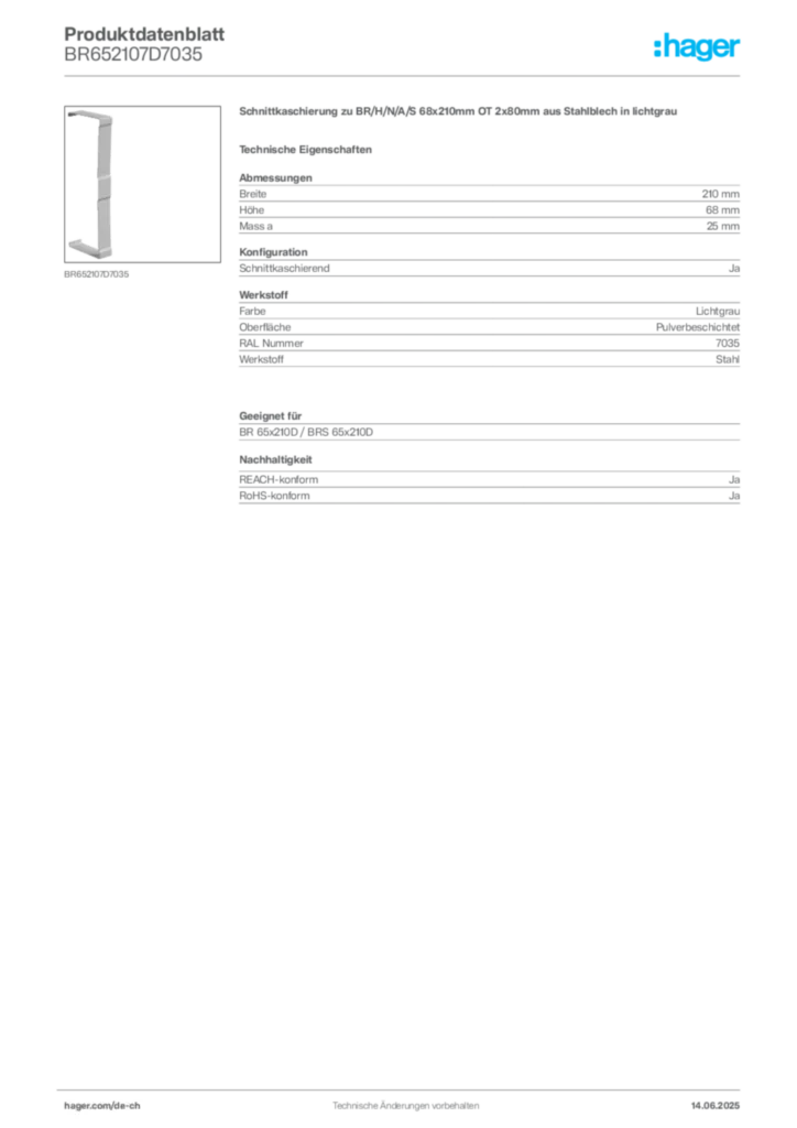 Bild Hager Produktdatenblatt BR652107D7035 | Hager Schweiz