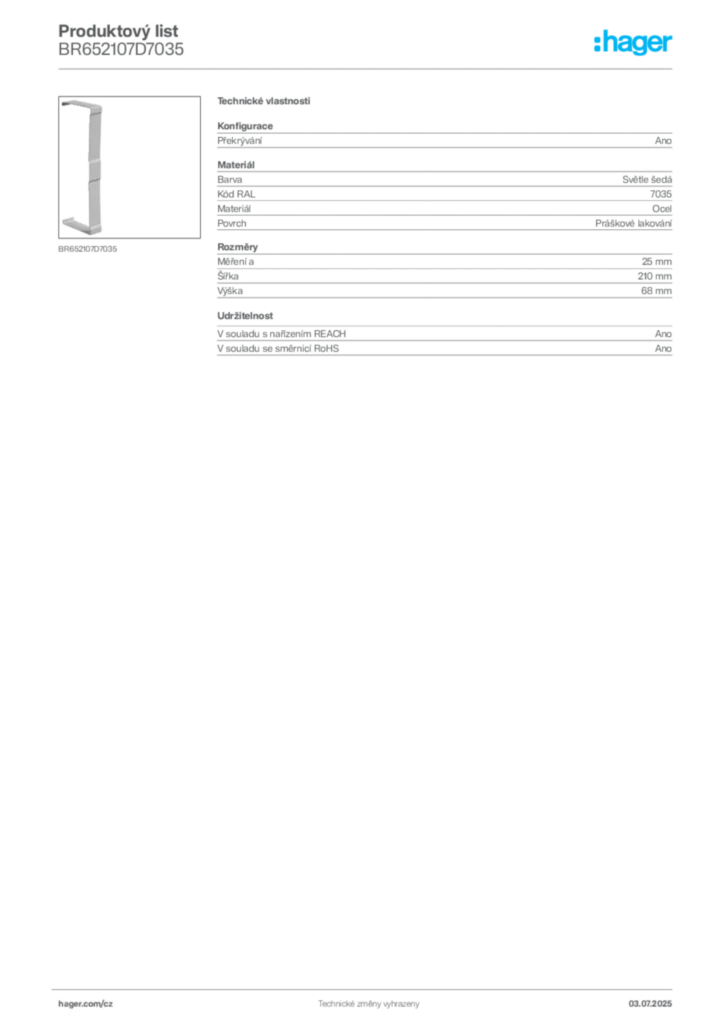 Obrázek Hager Produktový list BR652107D7035 | Hager