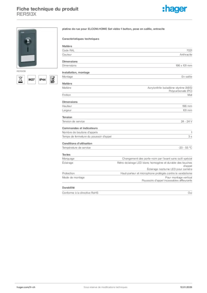 Image Hager Fiche technique du produit RER513X | Hager Suisse