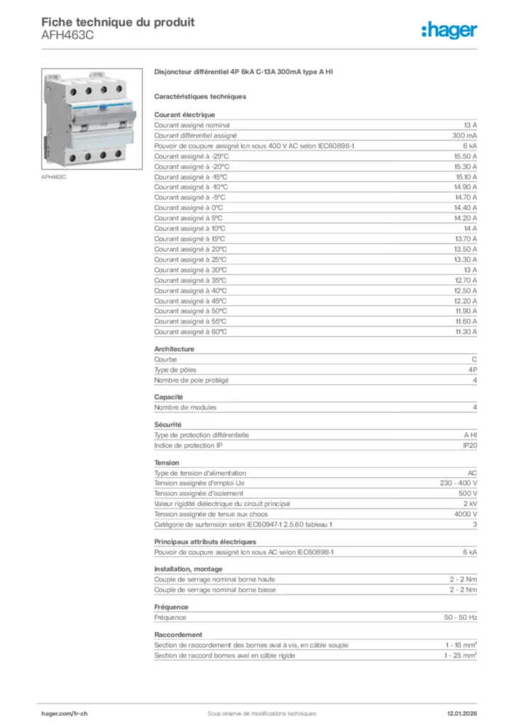 Image Hager Fiche technique du produit AFH463C | Hager Suisse