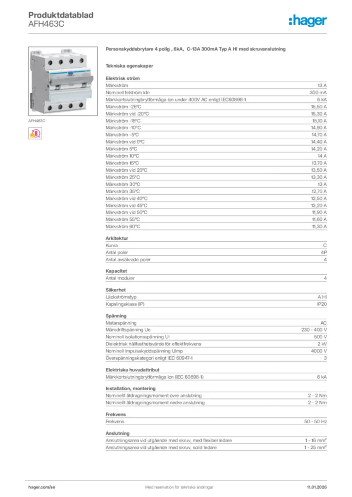 Bild Hager Produktdatablad AFH463C | Hager Sverige