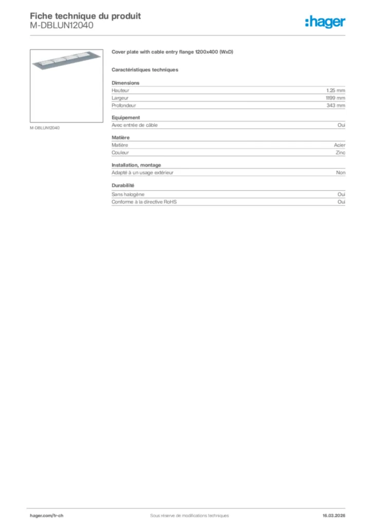Image Hager Fiche technique du produit M-DBLUN12040 | Hager Suisse