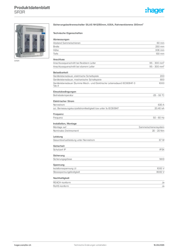 Bild Hager Produktdatenblatt SR3R | Hager Schweiz