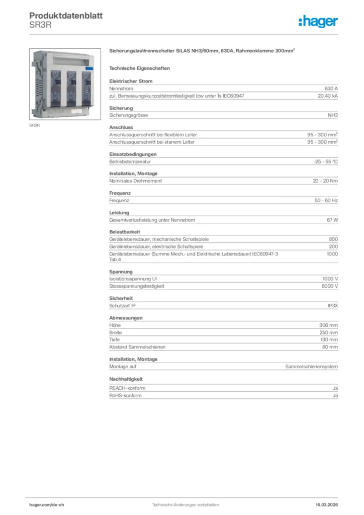 Bild Hager Produktdatenblatt SR3R | Hager Schweiz