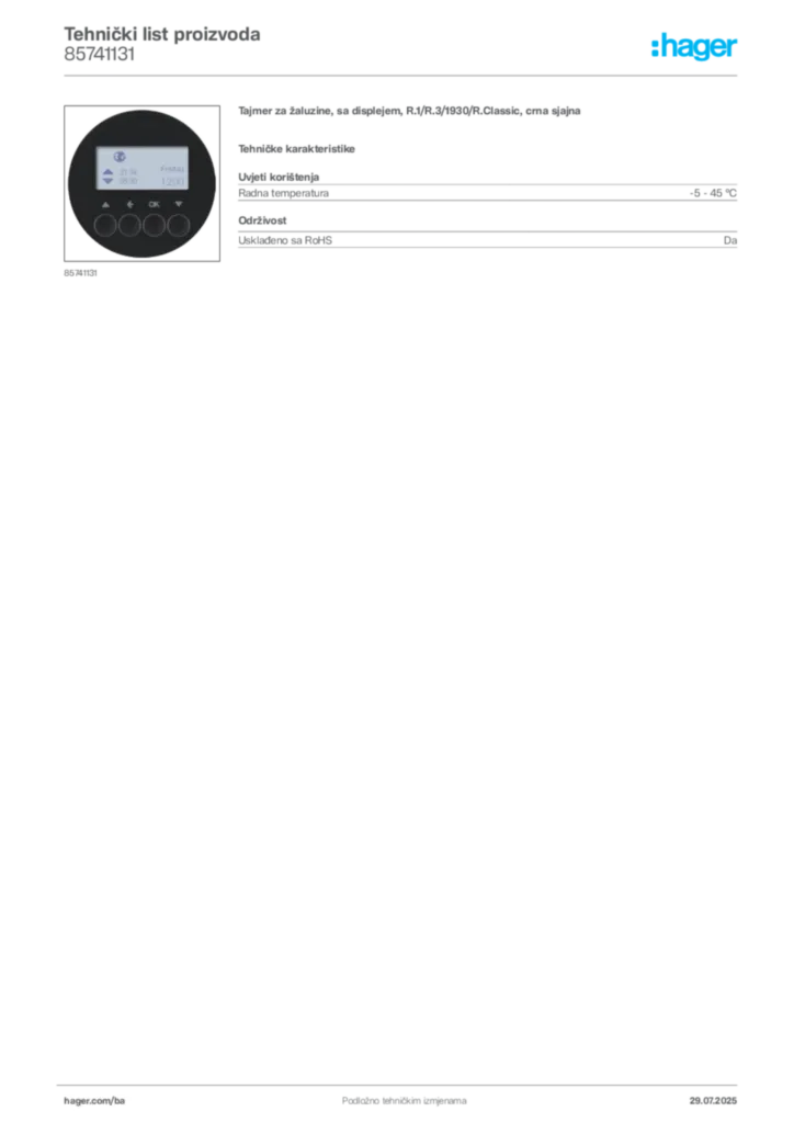 Slika Hager Product data sheet 85741131  | Hager