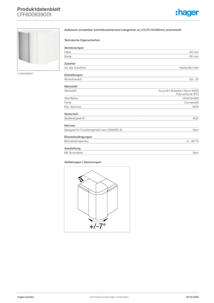 Bild Hager Produktdatenblatt LFF600939001 | Hager Deutschland