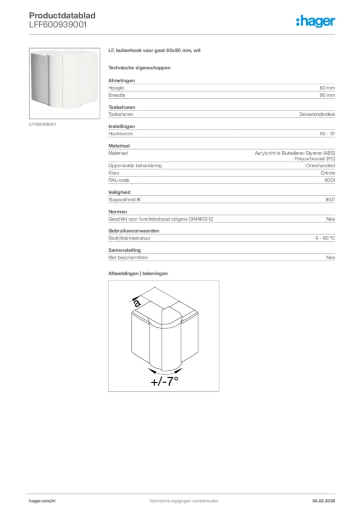 Afbeelding Hager Productdatablad LFF600939001 | Hager Nederland