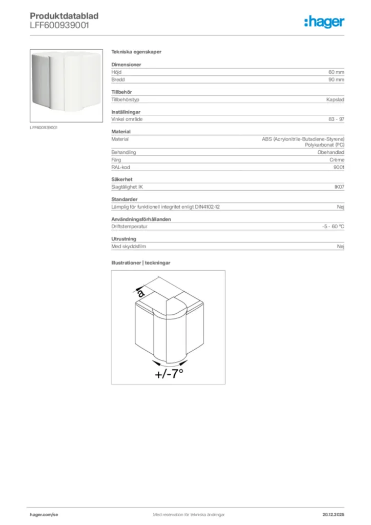 Bild Hager Produktdatablad LFF600939001 | Hager Sverige