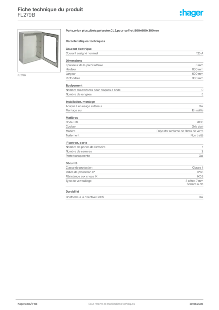 Image Hager Fiche technique du produit FL279B | Hager Belgique