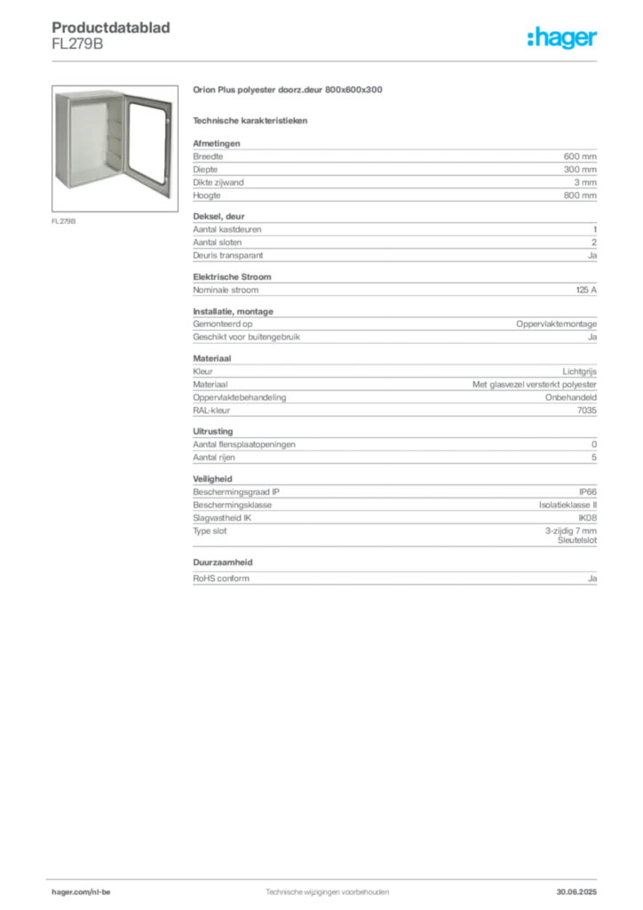Afbeelding Hager Productdatablad FL279B | Hager Belgium