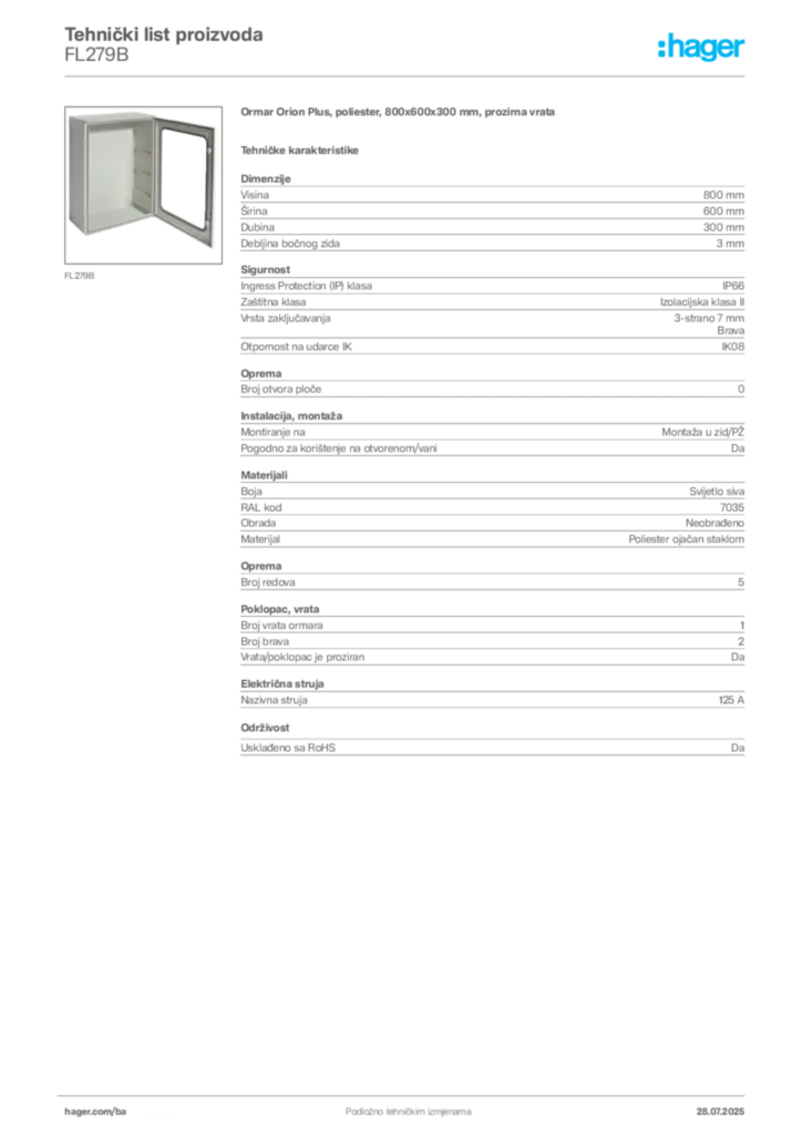 Slika Hager Product data sheet FL279B  | Hager