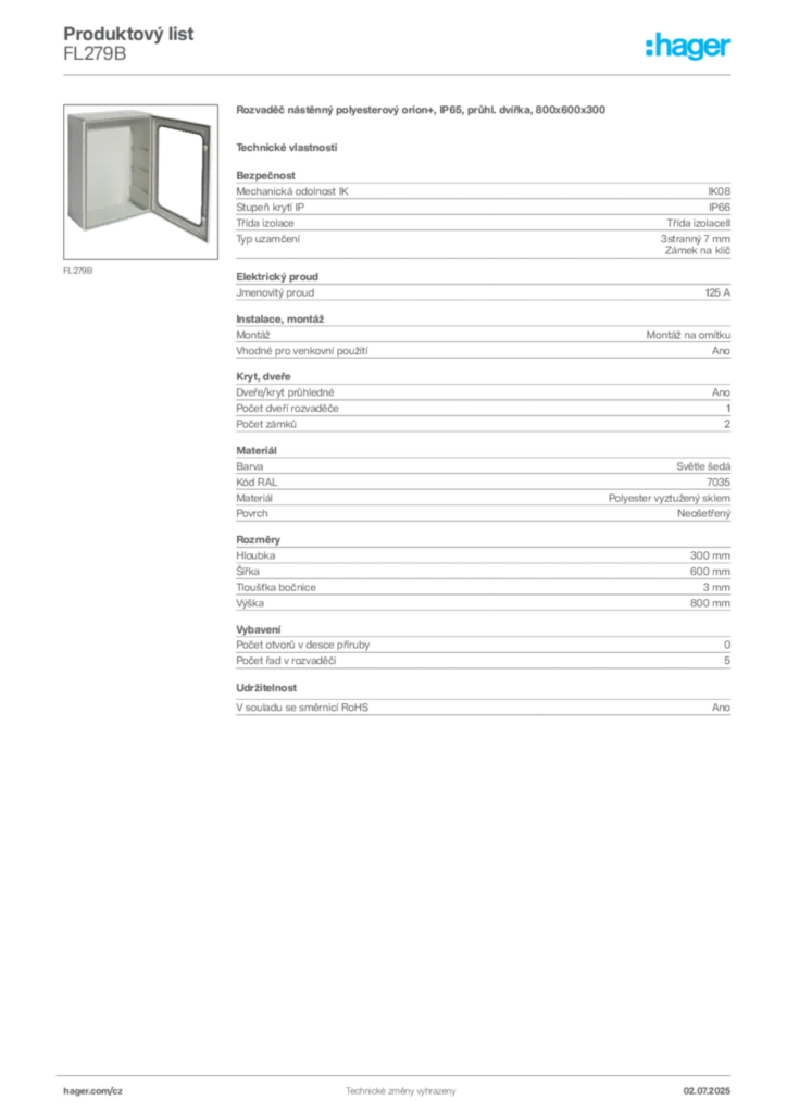 Obrázek Hager Produktový list FL279B | Hager