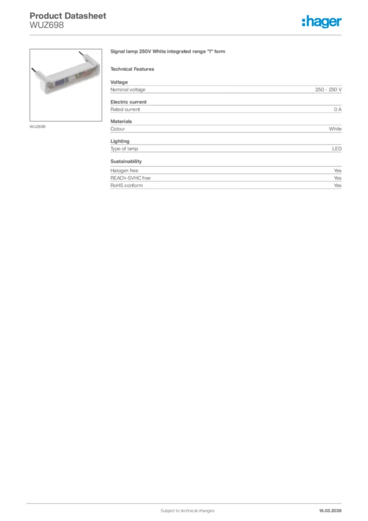 Image Hager Product data sheet WUZ698  | Hager Africa