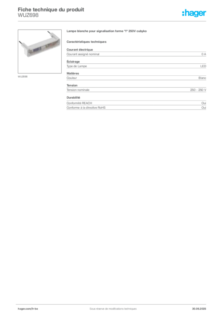 Image Hager Fiche technique du produit WUZ698 | Hager Belgique