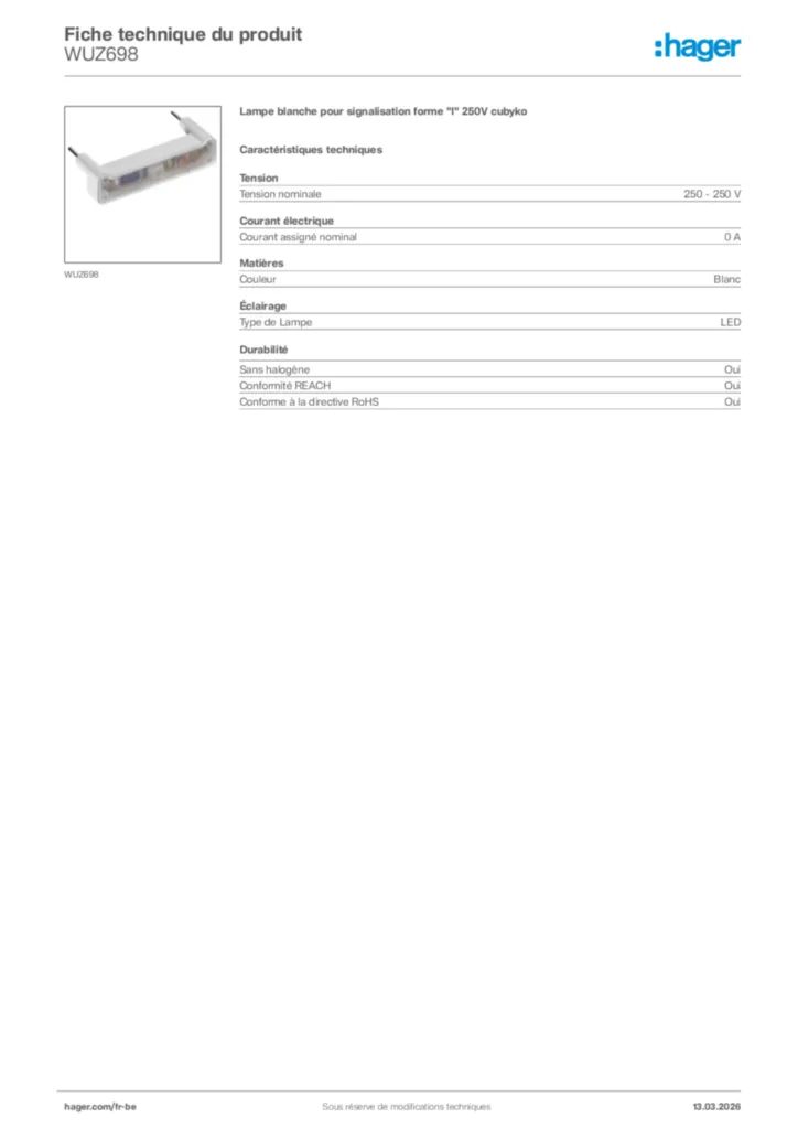 Image Hager Fiche technique du produit WUZ698 | Hager Belgique