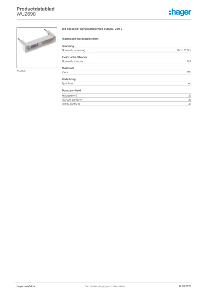 Afbeelding Hager Productdatablad WUZ698 | Hager Belgium