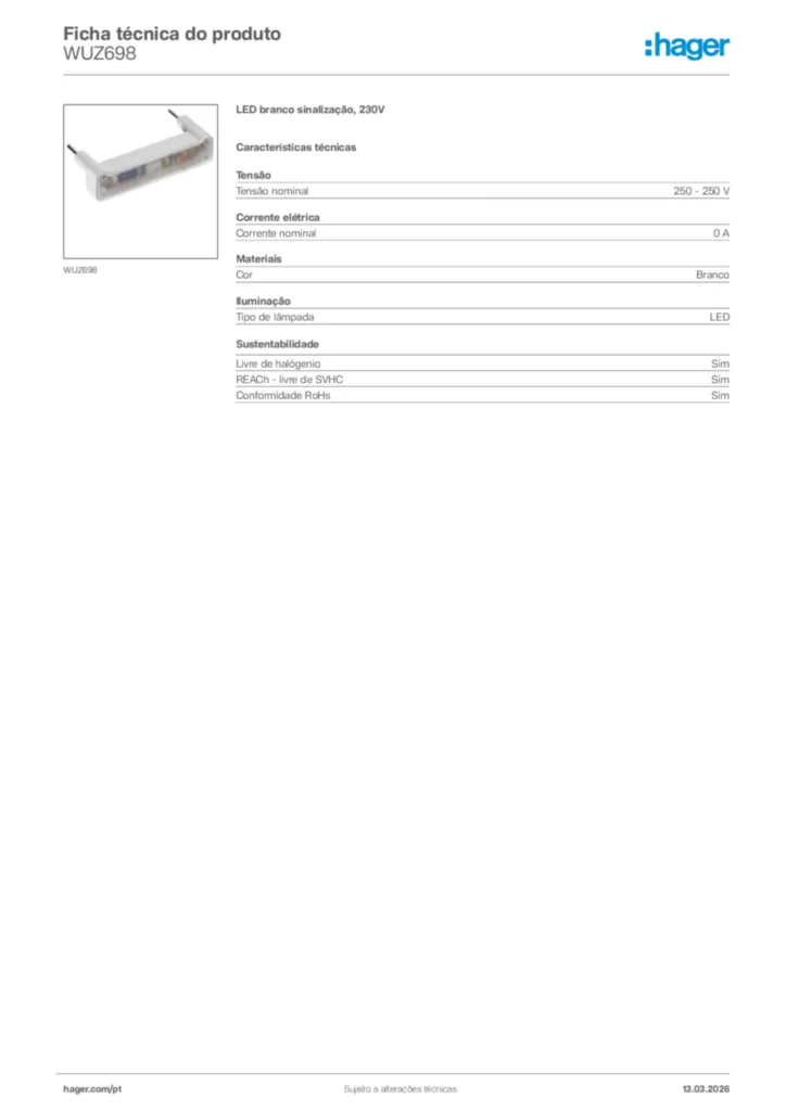 Imagem Hager Ficha técnica do produto WUZ698 | Hager Portugal