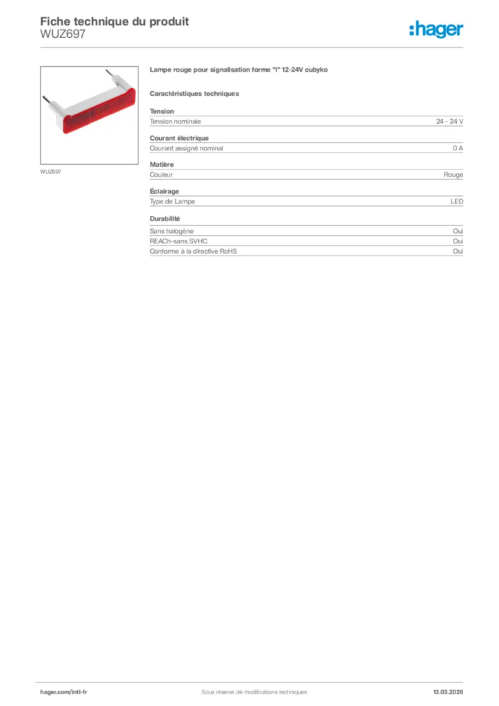 Image Hager Fiche technique du produit WUZ697 | Hager Afrique