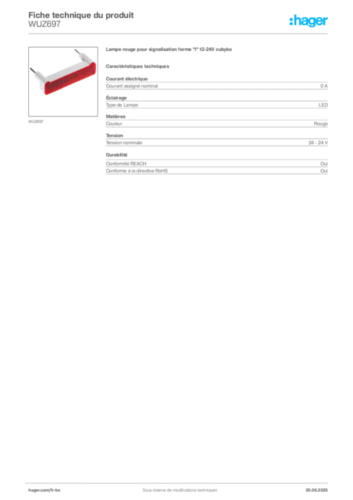 Image Hager Fiche technique du produit WUZ697 | Hager Belgique