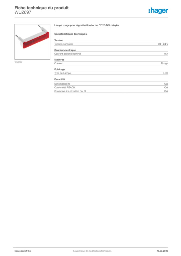 Image Hager Fiche technique du produit WUZ697 | Hager Belgique