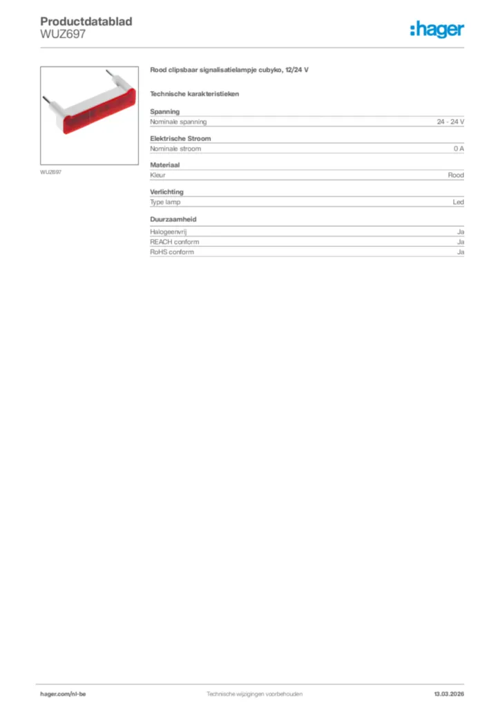 Afbeelding Hager Productdatablad WUZ697 | Hager Belgium
