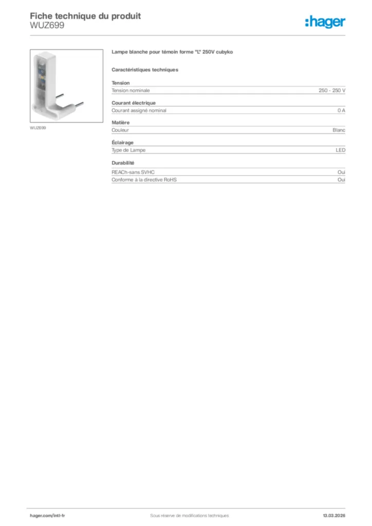 Image Hager Fiche technique du produit WUZ699 | Hager Afrique