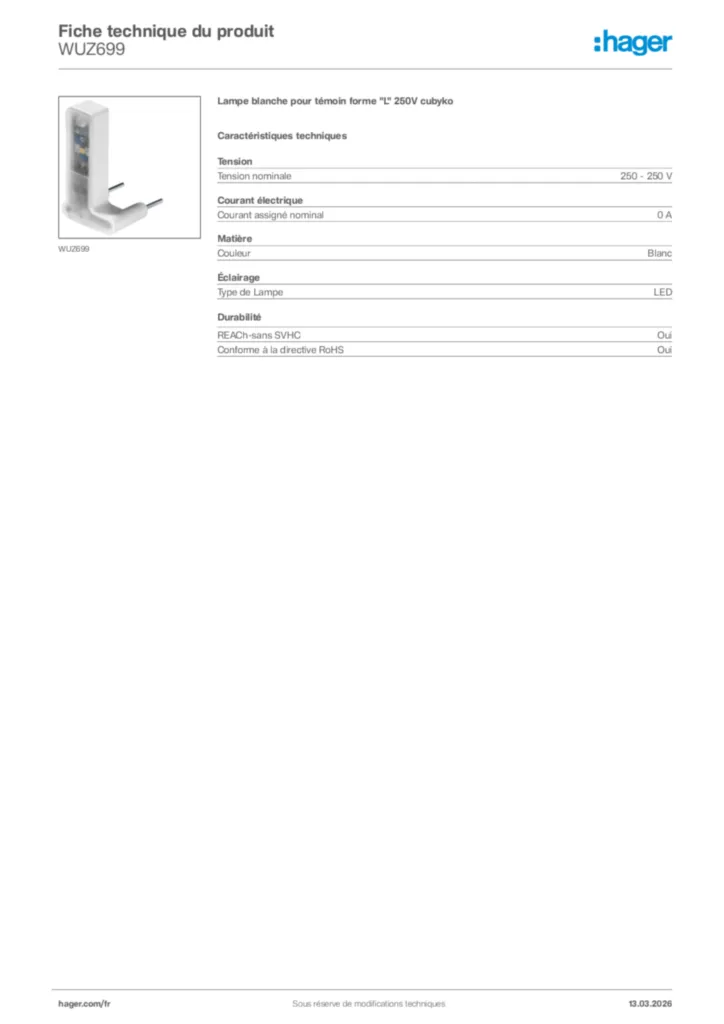Image Hager Fiche technique du produit WUZ699 | Hager France