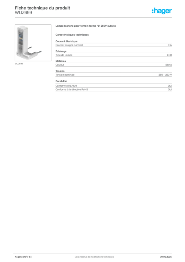 Image Hager Fiche technique du produit WUZ699 | Hager Belgique