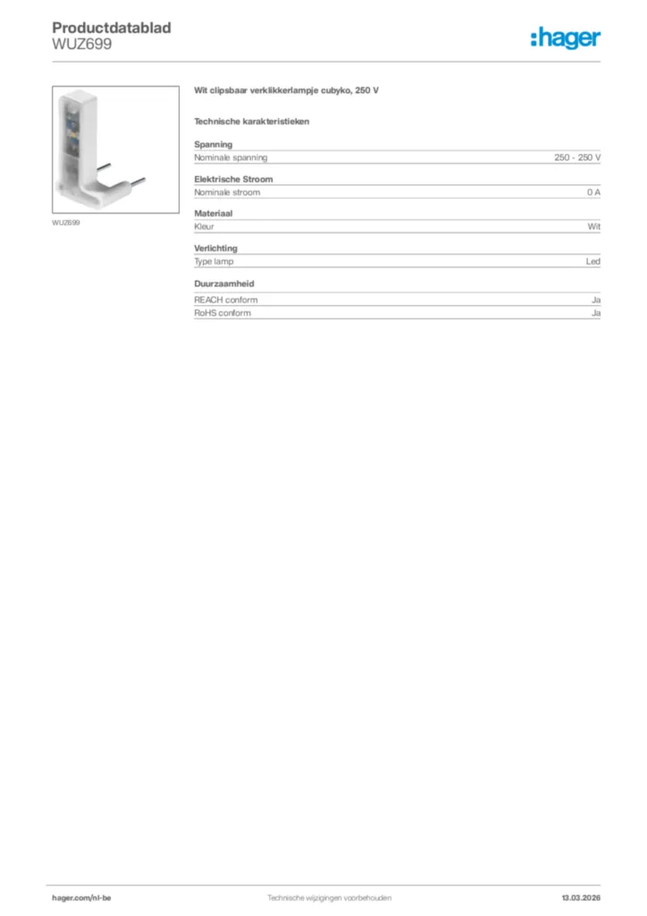 Afbeelding Hager Productdatablad WUZ699 | Hager Belgium