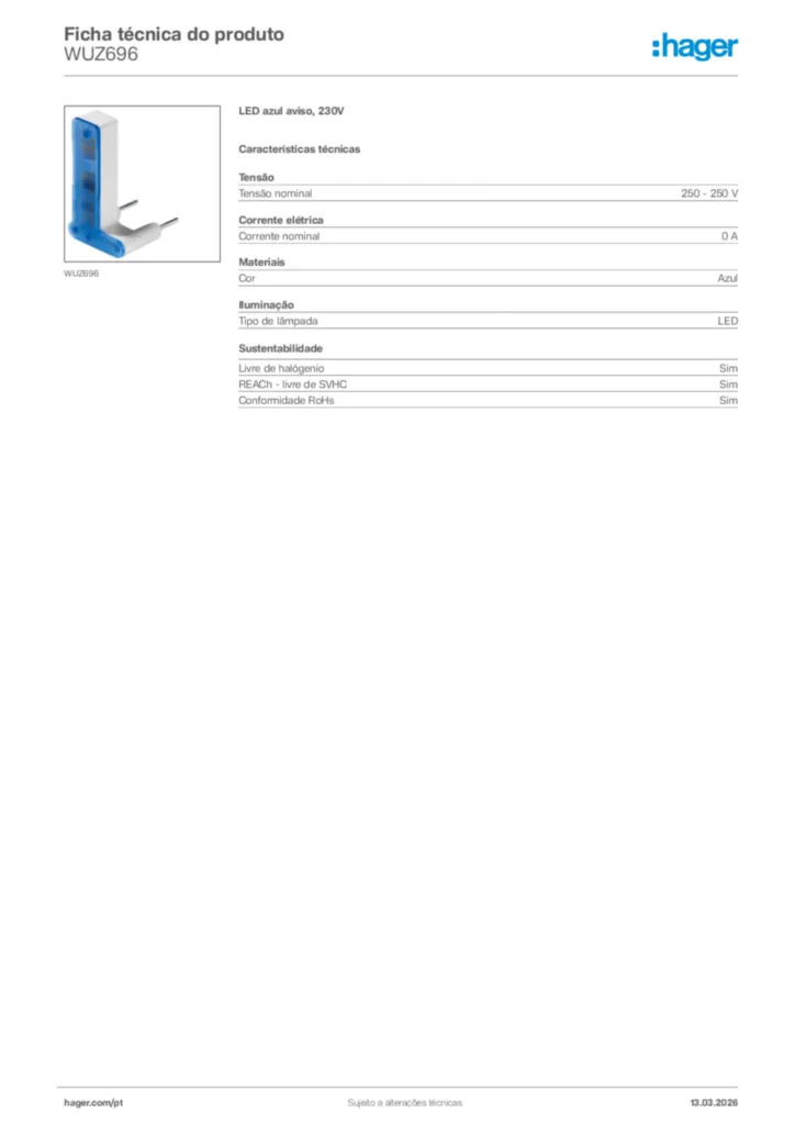 Imagem Hager Ficha técnica do produto WUZ696 | Hager Portugal