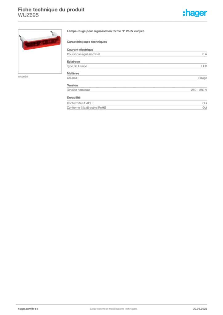 Image Hager Fiche technique du produit WUZ695 | Hager Belgique