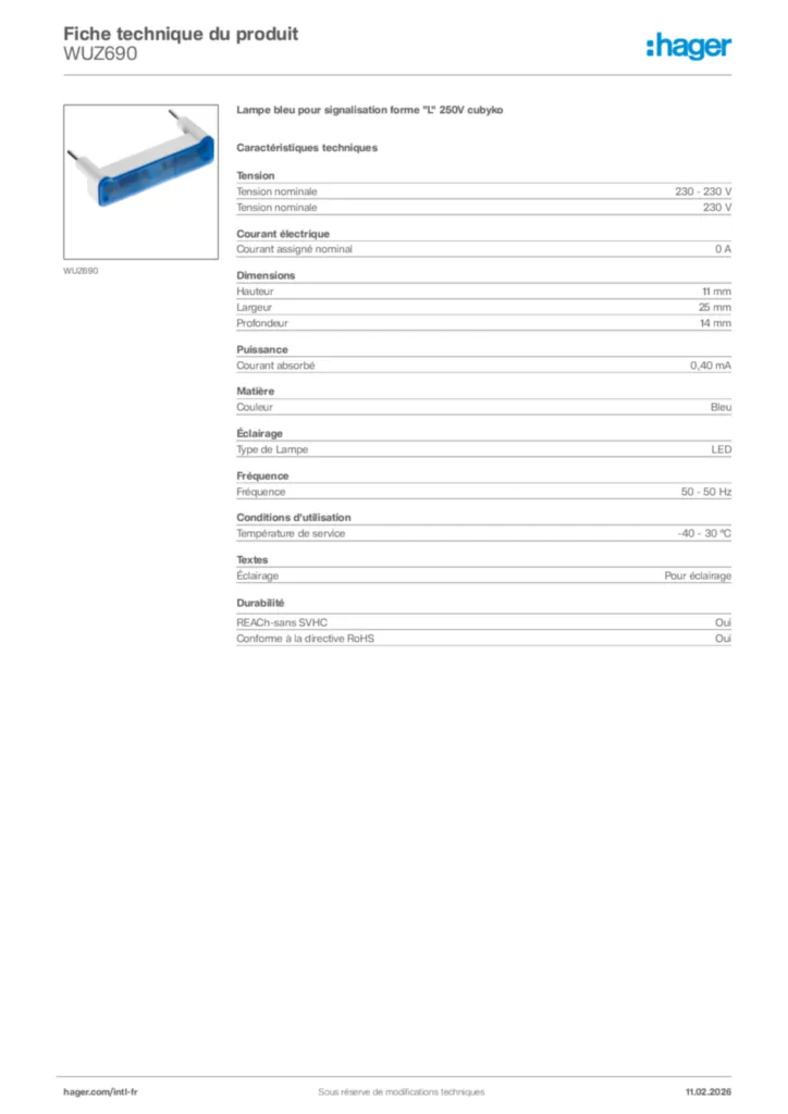 Image Hager Fiche technique du produit WUZ690 | Hager Afrique