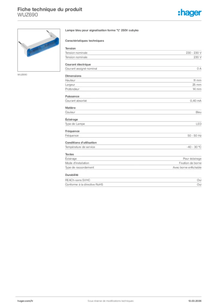 Image Hager Fiche technique du produit WUZ690 | Hager France