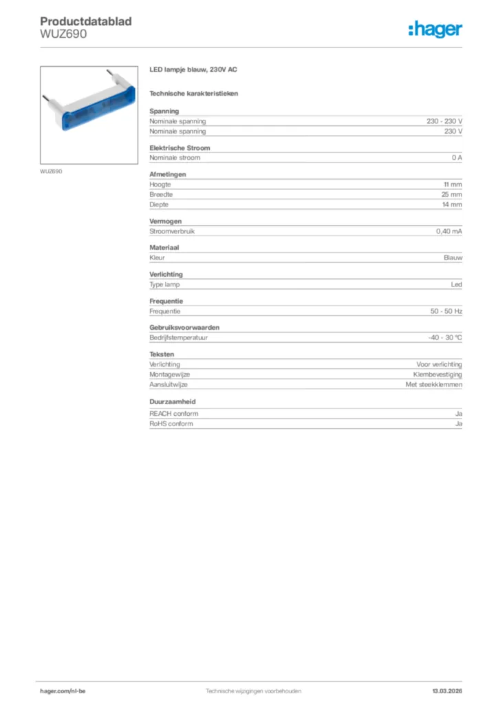 Afbeelding Hager Productdatablad WUZ690 | Hager Belgium